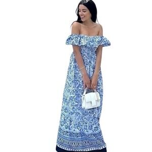 Zara Floral Maxi Dress XS Blue White Off Shoulder Sundress Boho Smocked Resort